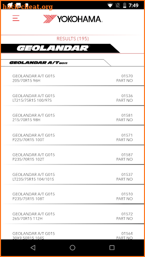 Yokohama Tire Specs screenshot